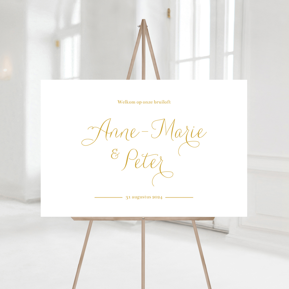 Welkomstbord bruiloft wit goud sierlijk