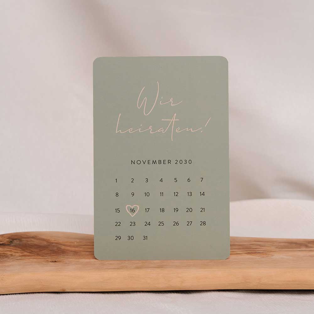 Hochzeitskarte Grün mit Kalenderblatt und weißer Schrift