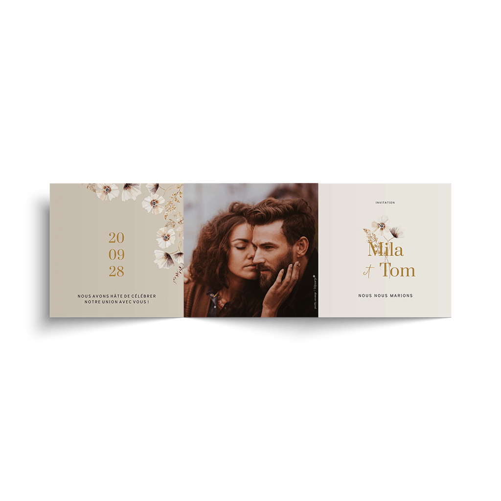 Faire-part de mariage en accordéon avec fleurs et photo
