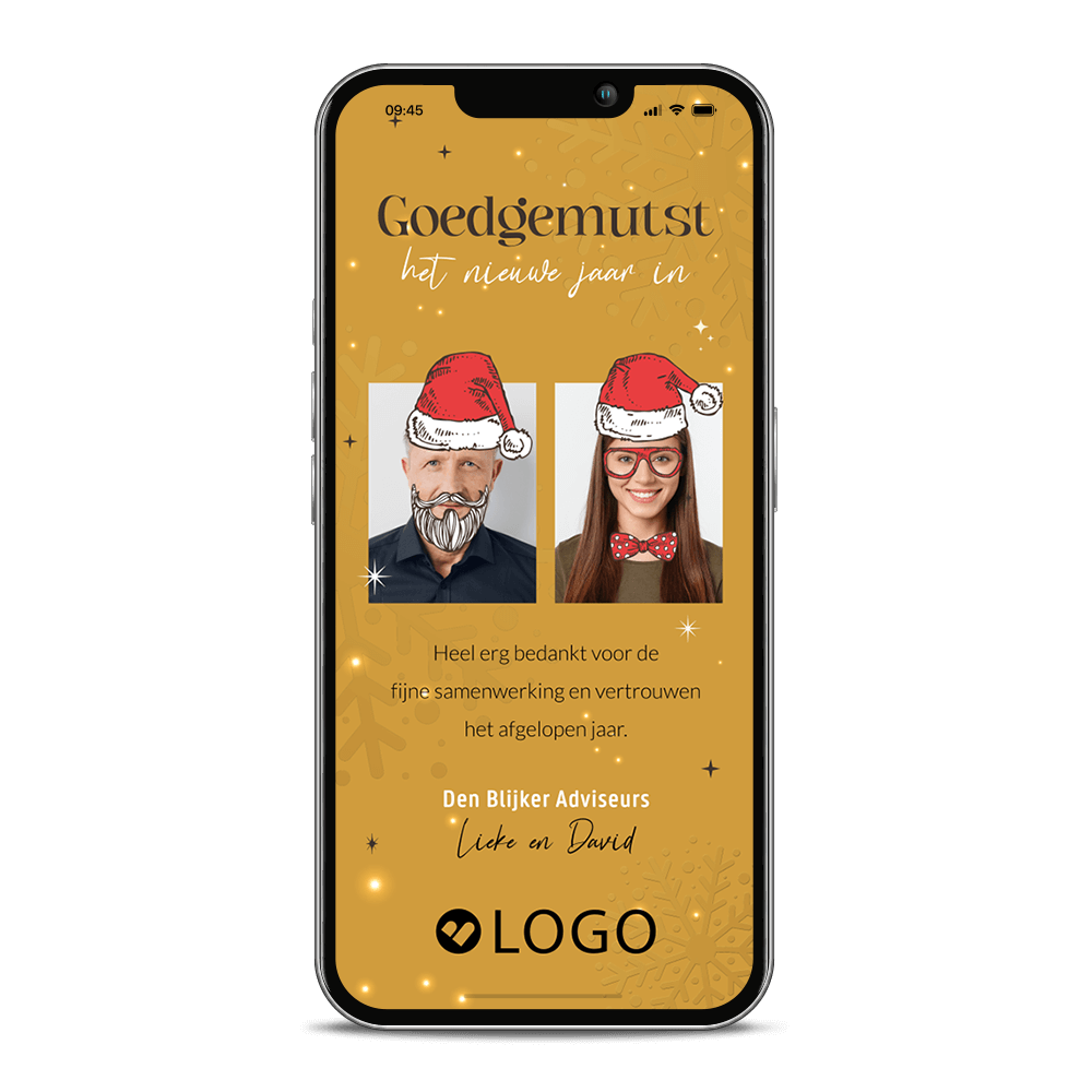 Grappige digitale kerstkaart met eigen foto, kerstmuts en logo