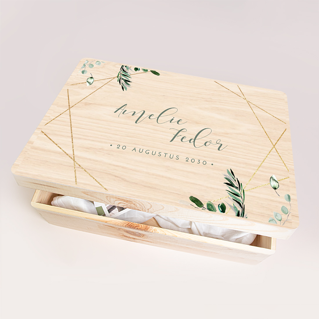 Elegante bruiloft memorybox met geometrisch figuur element