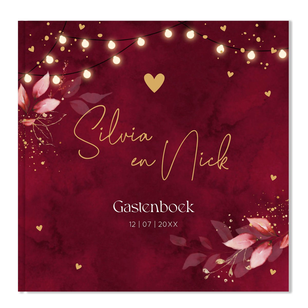 Gastenboek huwelijk stijlvol rood floral lampjes vierkant