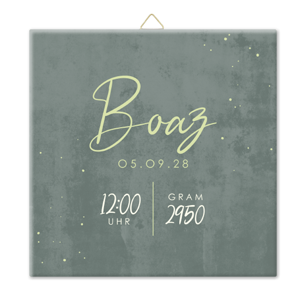 Fotofliese mit Betonoptik und grünem Namen