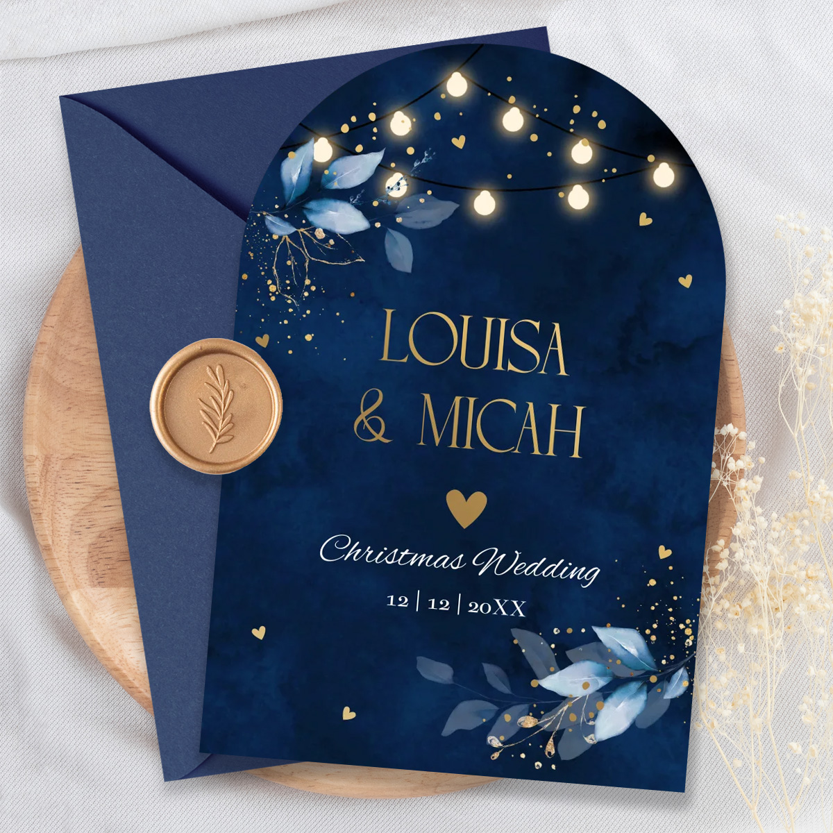Kerst trouwkaart blauw boog vorm floral lampjes goudfolie
