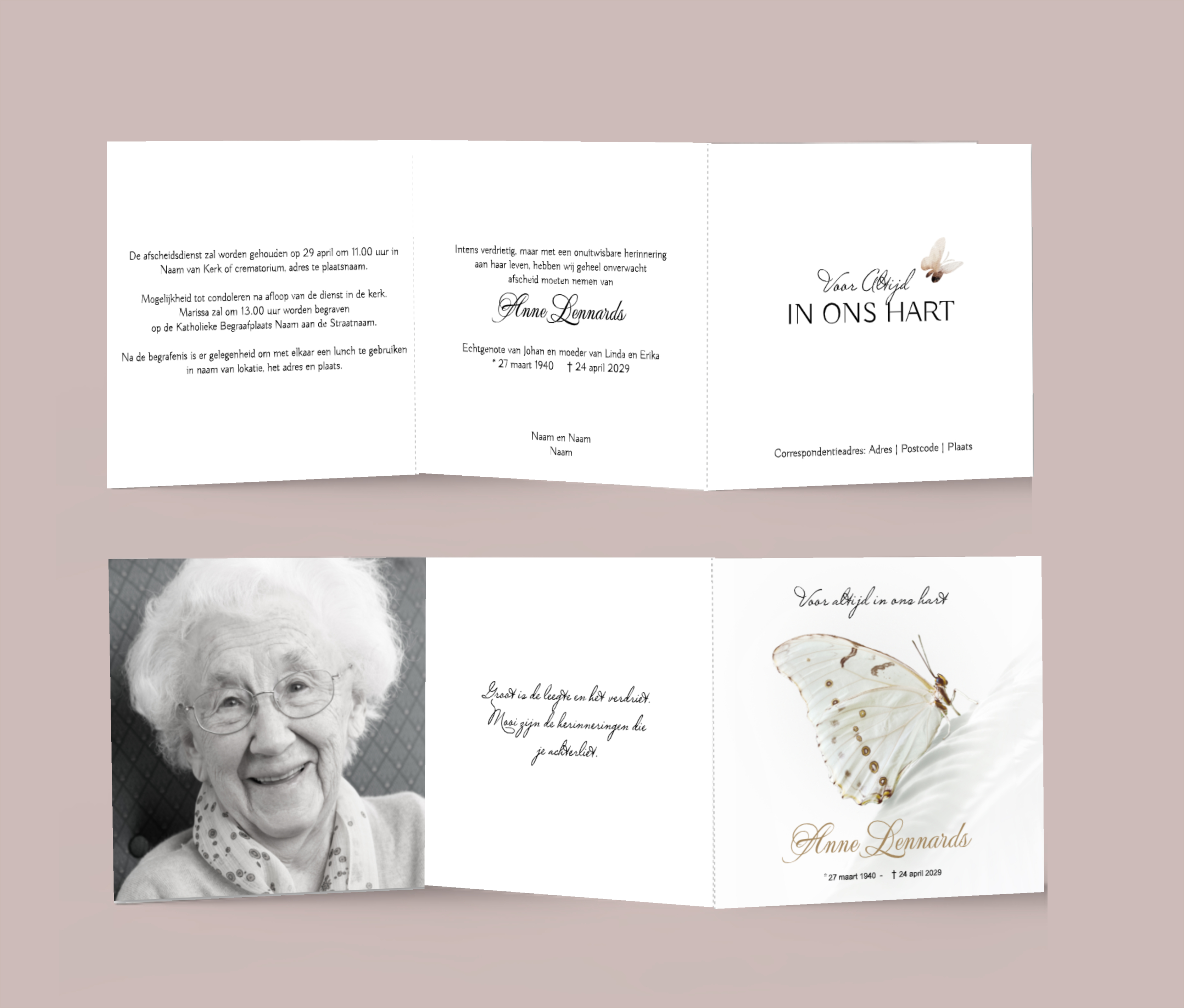Rouwkaart drieluik vrouw met vlinder en eigen foto