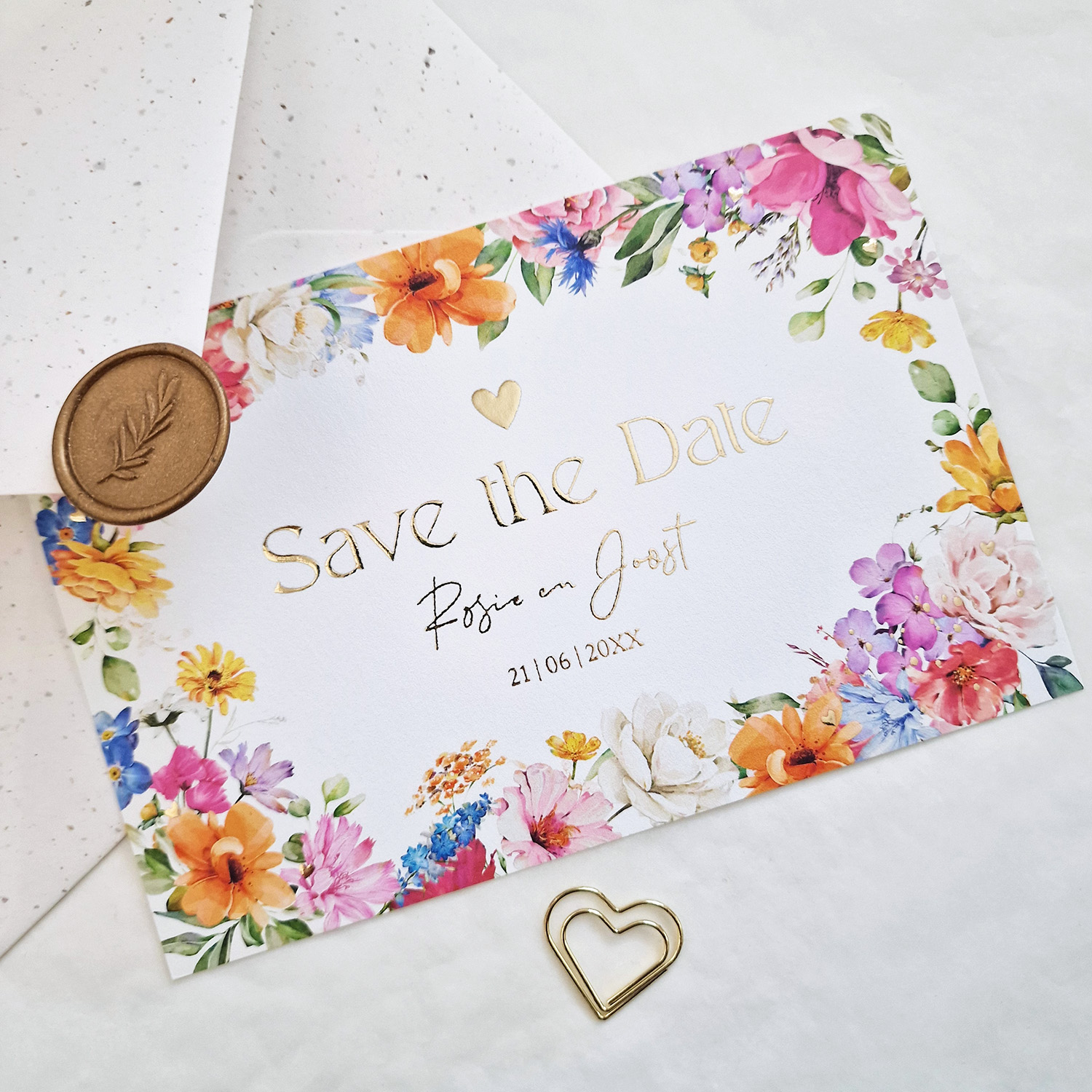 Save the Date kaart fleurige bloemen Bright Flowers goudfolie