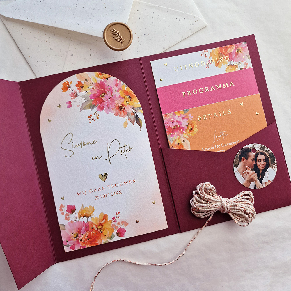 Pocketfold trouwkaart Pink Orange bloemen goudfolie