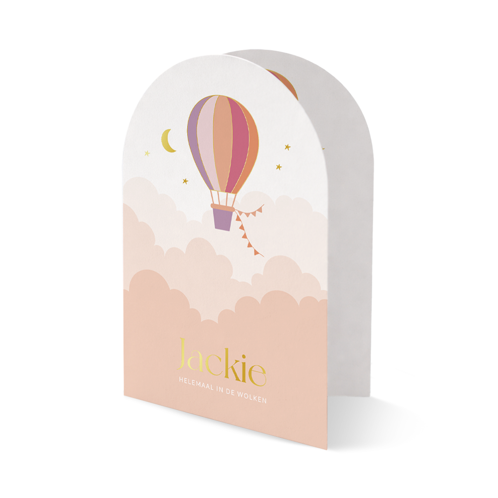 Luxe geboortekaartje voor meisje in boogvorm met luchtballon en folie