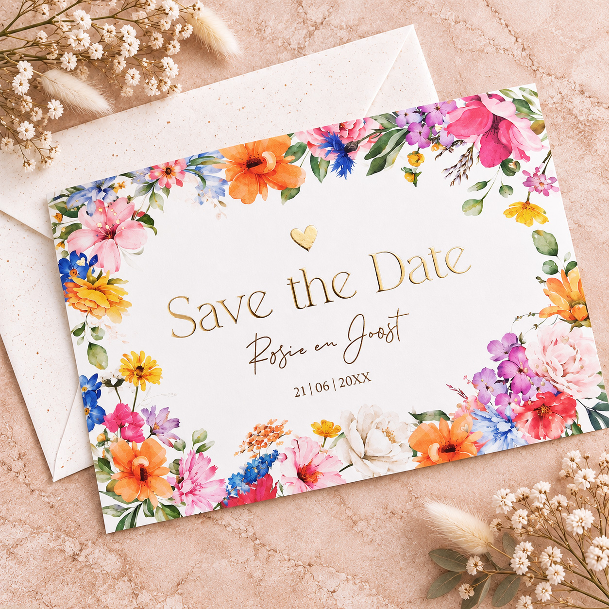 Save the Date kaart met kleurrijke roze watercolor bloemen