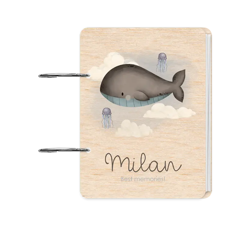 Bewaarbundel geboortekaartje met watercolour walvis en wolkjes