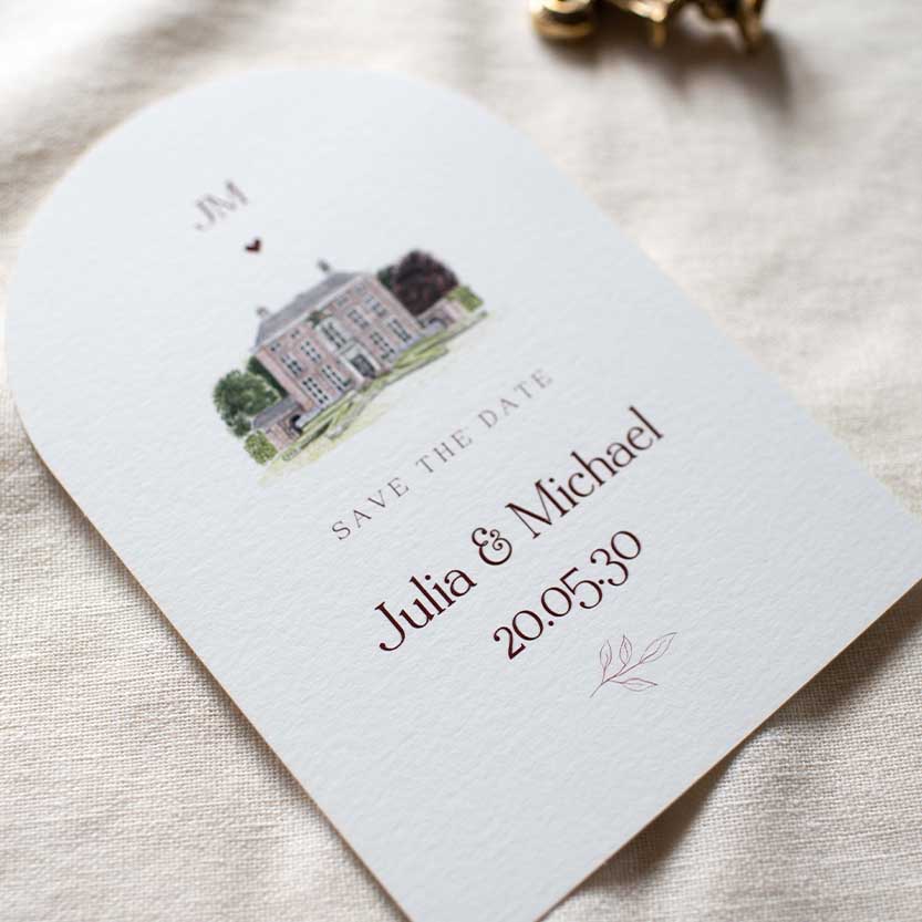 Save the Date kaart trouwlocatie havixhorst halfrond met bordeaux takje