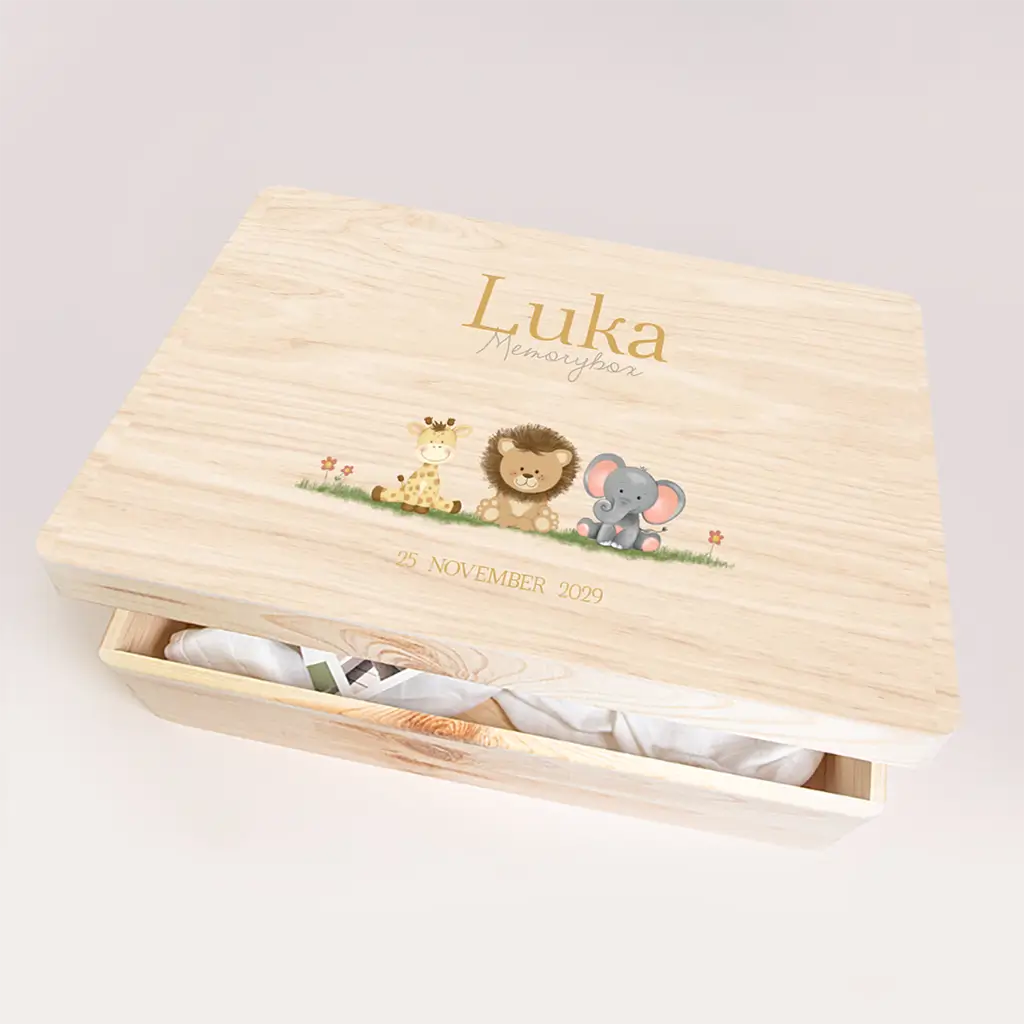 Memorybox met leeuw, giraf en olifant