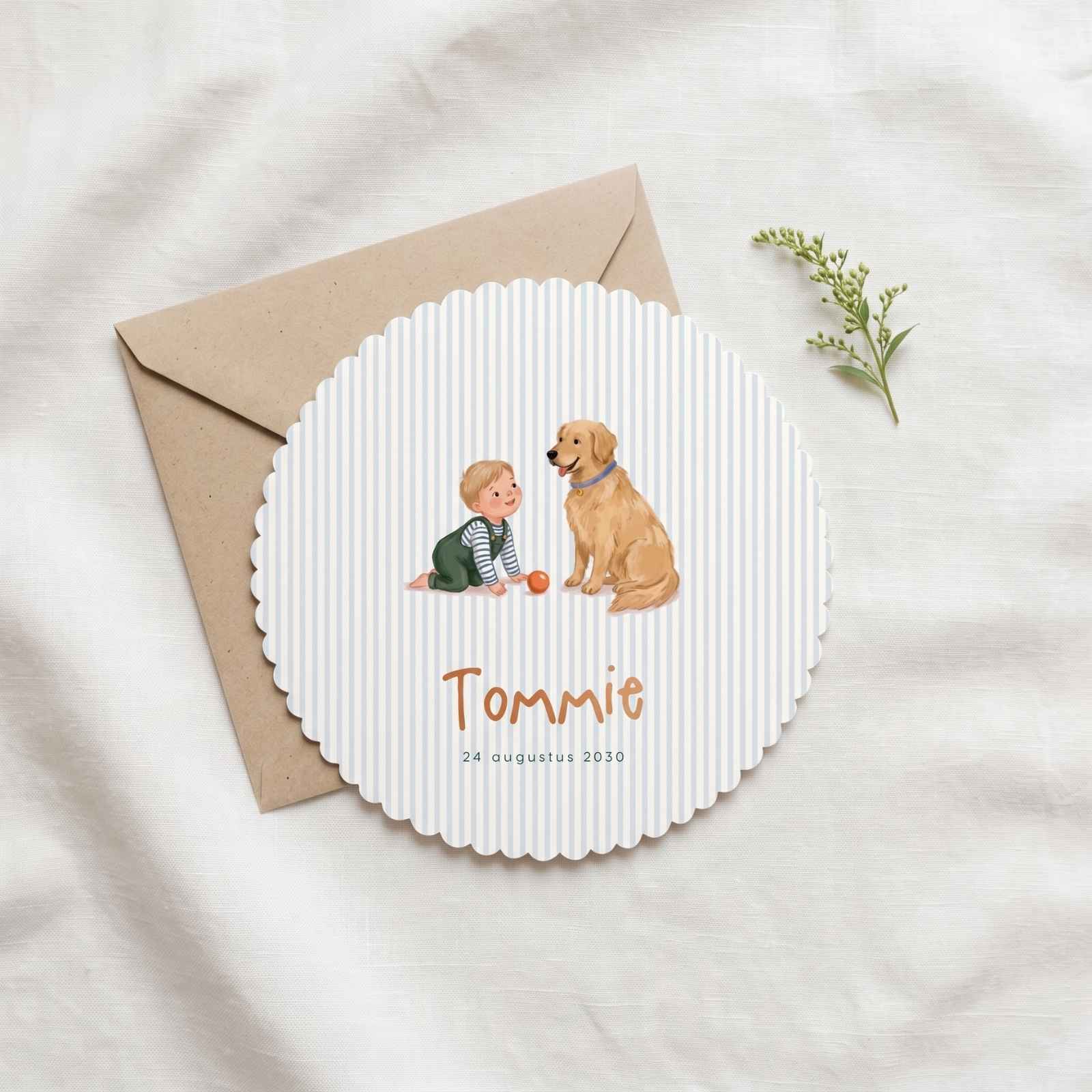 Rond geboortekaartje jongen hond golden retriever