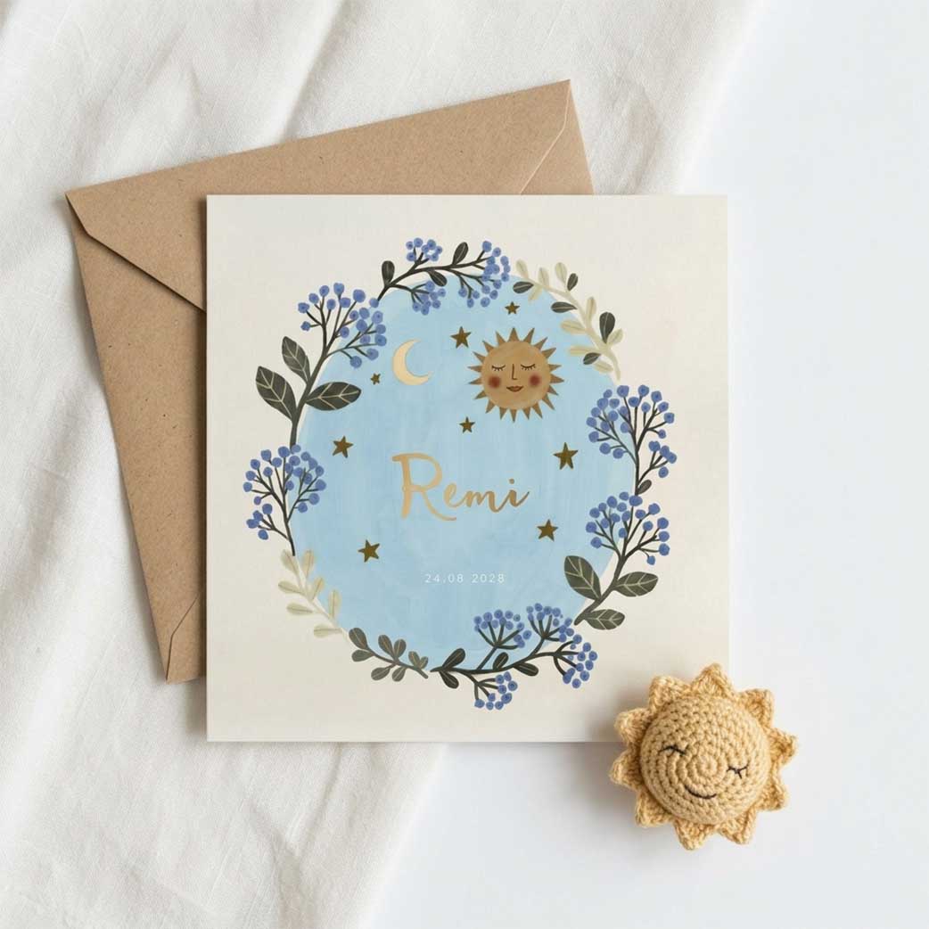 Geboortekaartje jongen boho zon bloemen