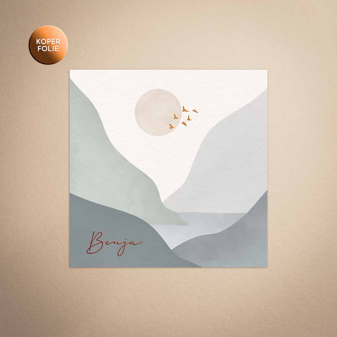 Stoer geboortekaartje voor een jongen met bergen, zee, zon en vogels