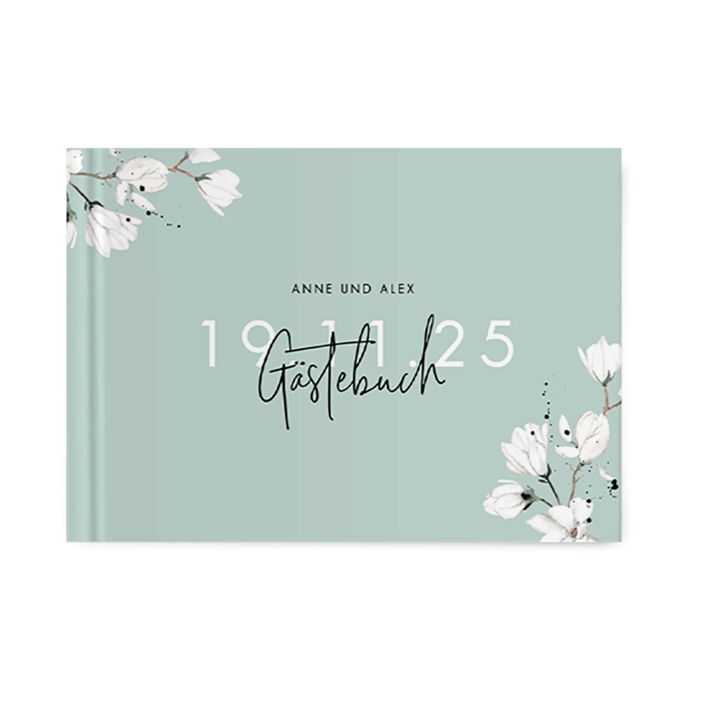 Hellblaue Gästebuch mit weißen Blüten und Farbklecksen