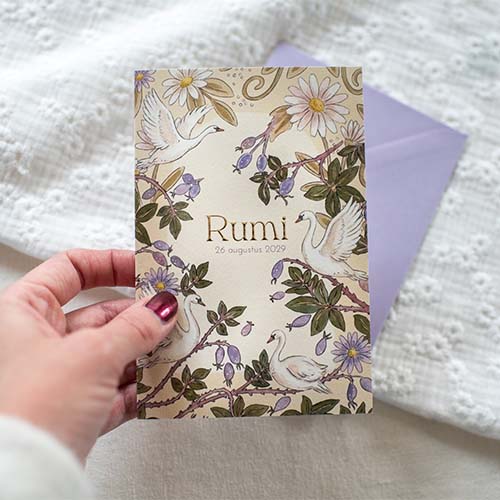 Geboortekaartje meisje bloemen zwanen