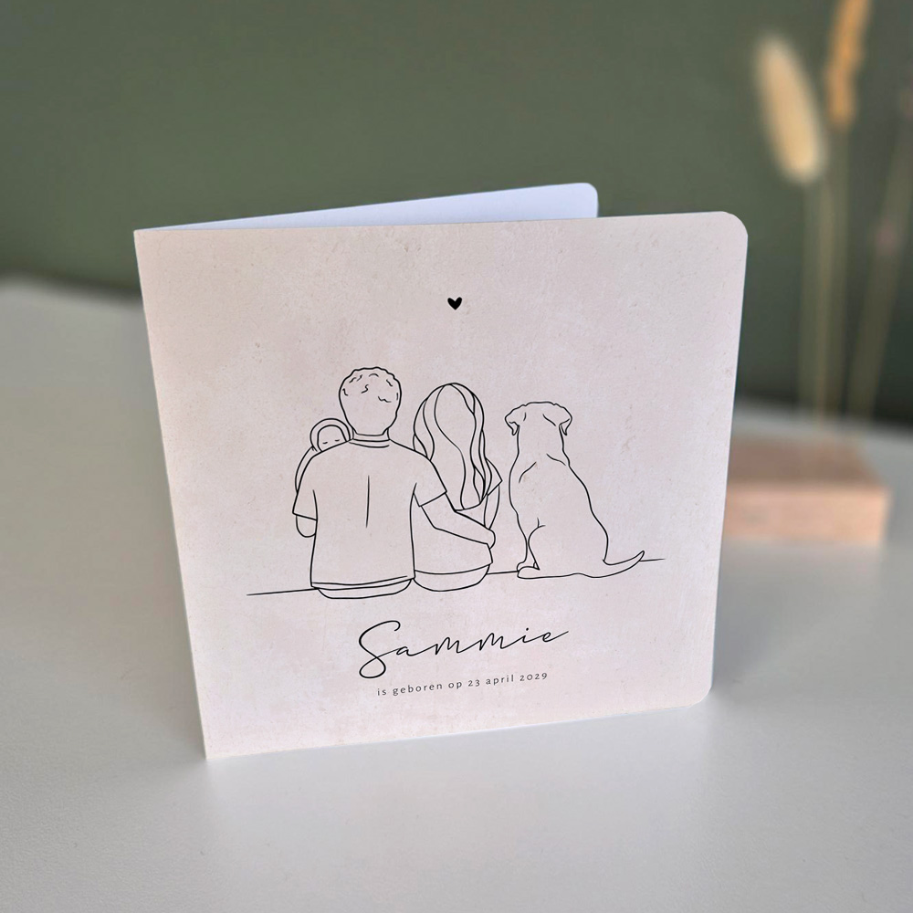 Unisex geboortekaartje lijntekening met gezin en hond