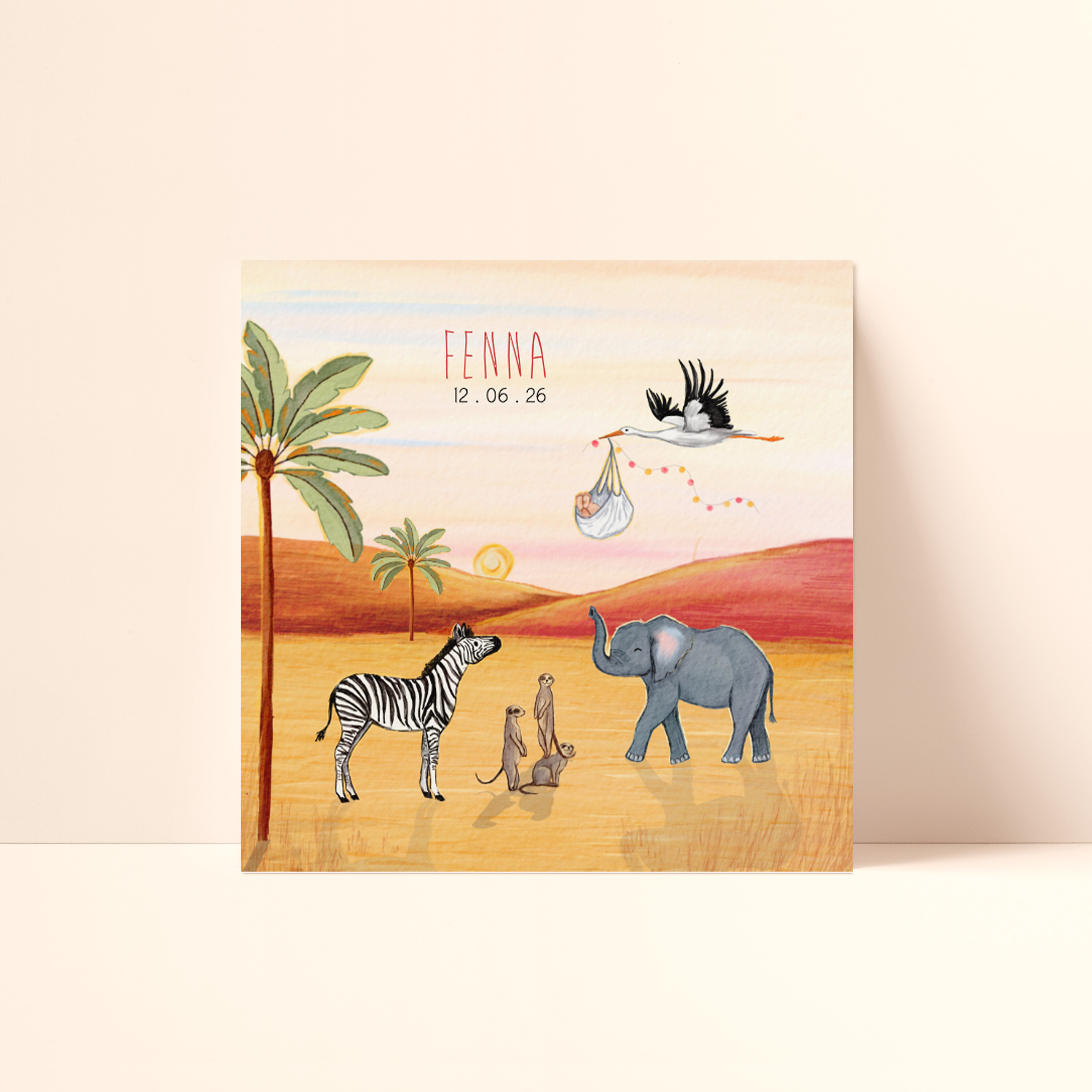 Geboortekaartje ooievaar vliegt over de savanne