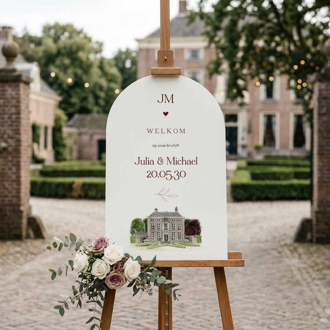 Welkomstbord halfrond bruiloft Takje Bordeaux