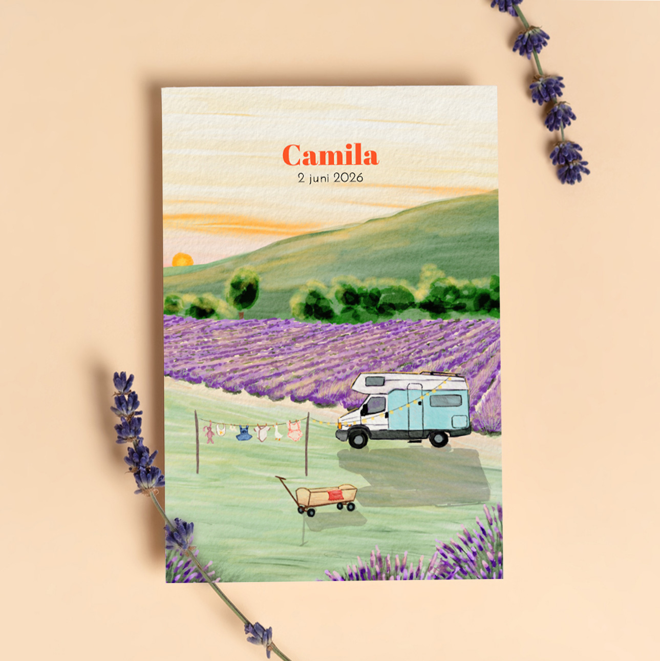 Geboortekaartje met franse lavendelvelden en camper