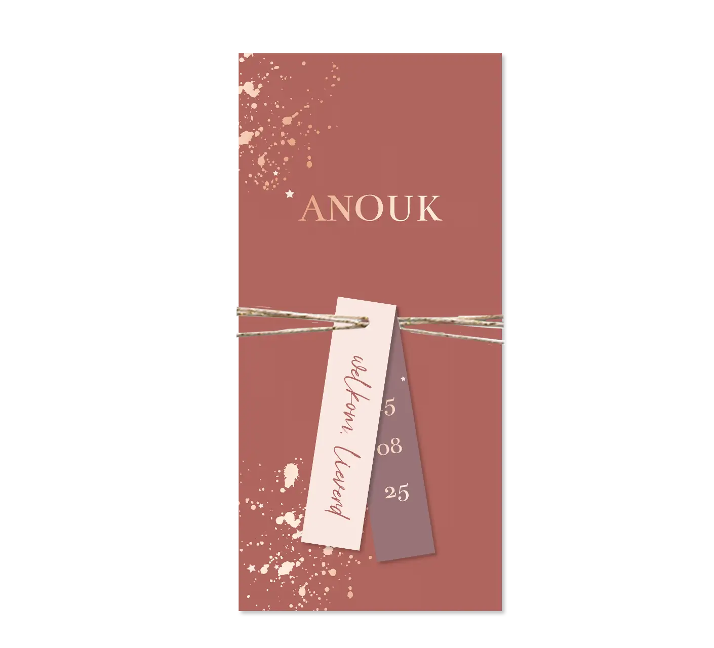 Roze label geboortekaartje meisje met spetters en roségoudfolie