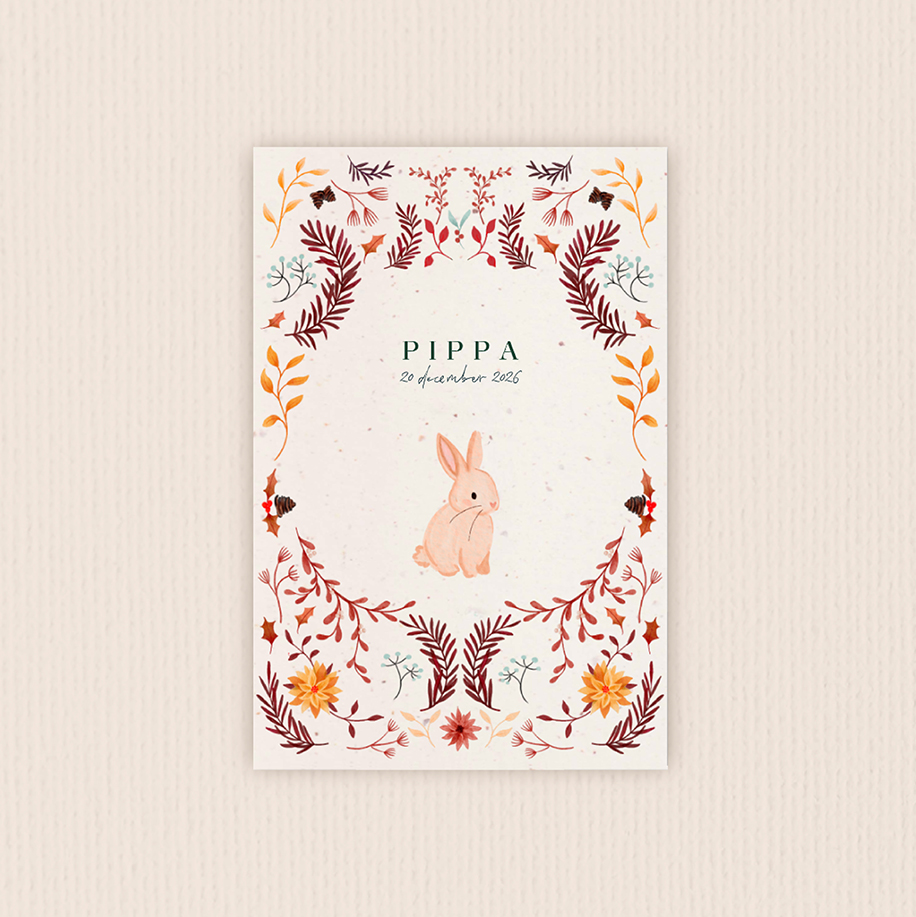 Duurzaam geboortekaartje met konijntje en herfsttakjes