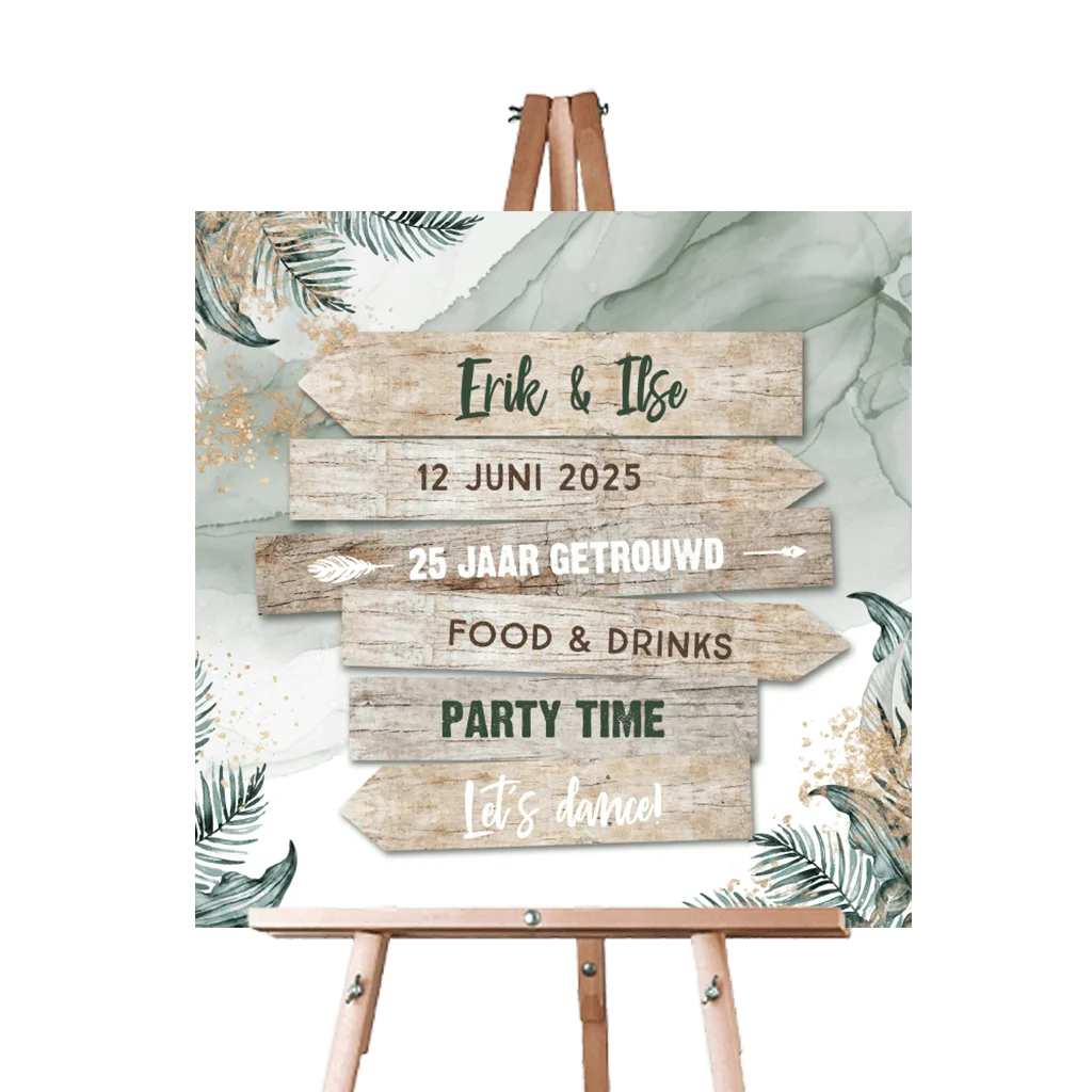 Botanisch welkomstbord voor jubileum met wegwijzer