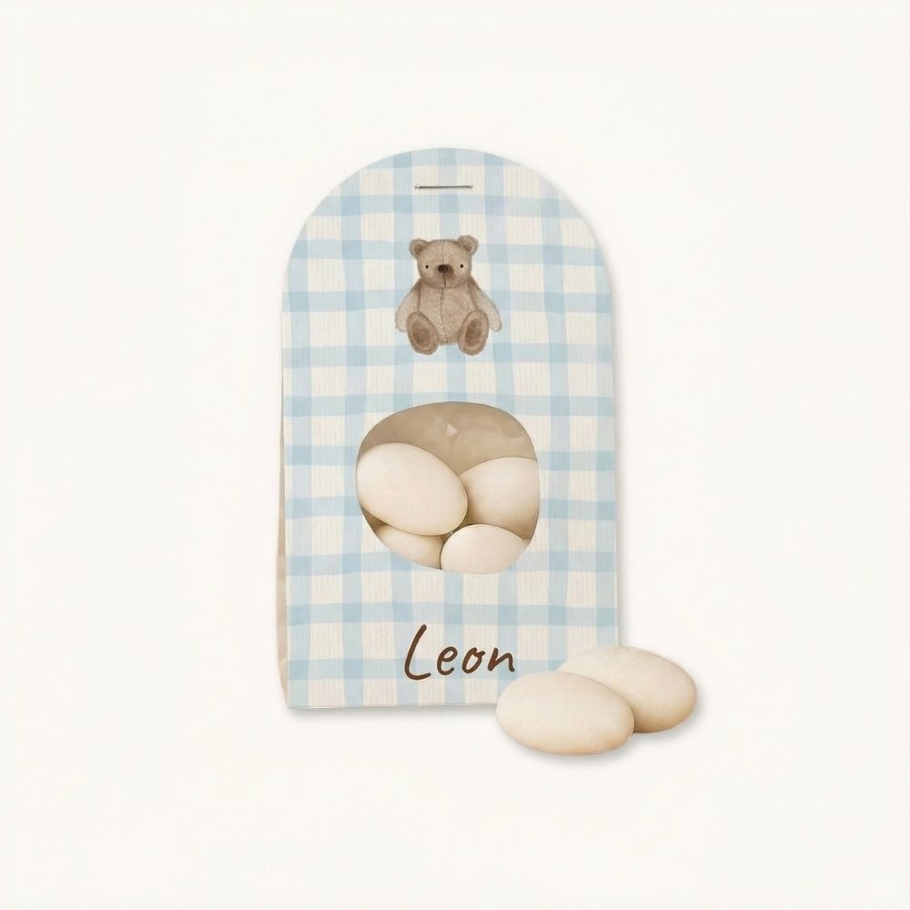 Doopsuiker wikkel jongen teddybeer blauw ruitjes patroon