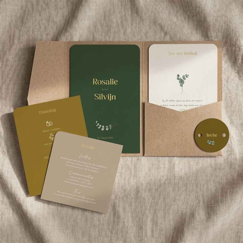 Pocketfold bruiloft herfst winter kleuren eucalyptus