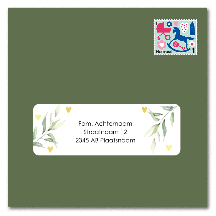 Adressticker blaadjes en goudfolie hartjes