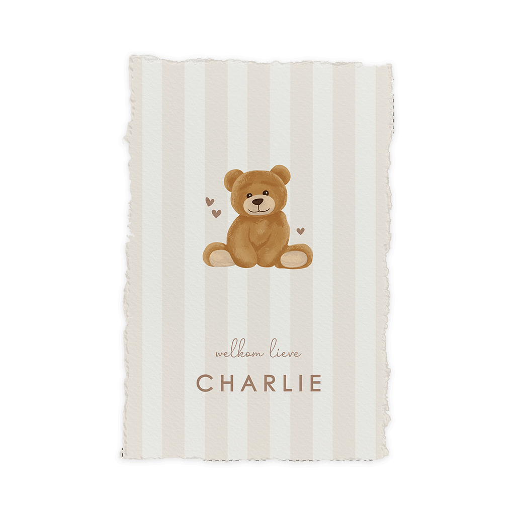 Geboortekaartje handgeschept papier look streepjes met beertje (DIY)