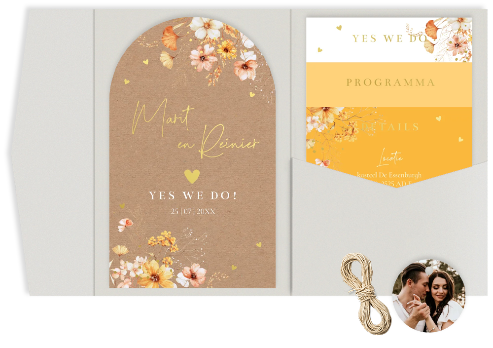 Pocketfold trouwkaart geel bloemen kraftlook goudfolie