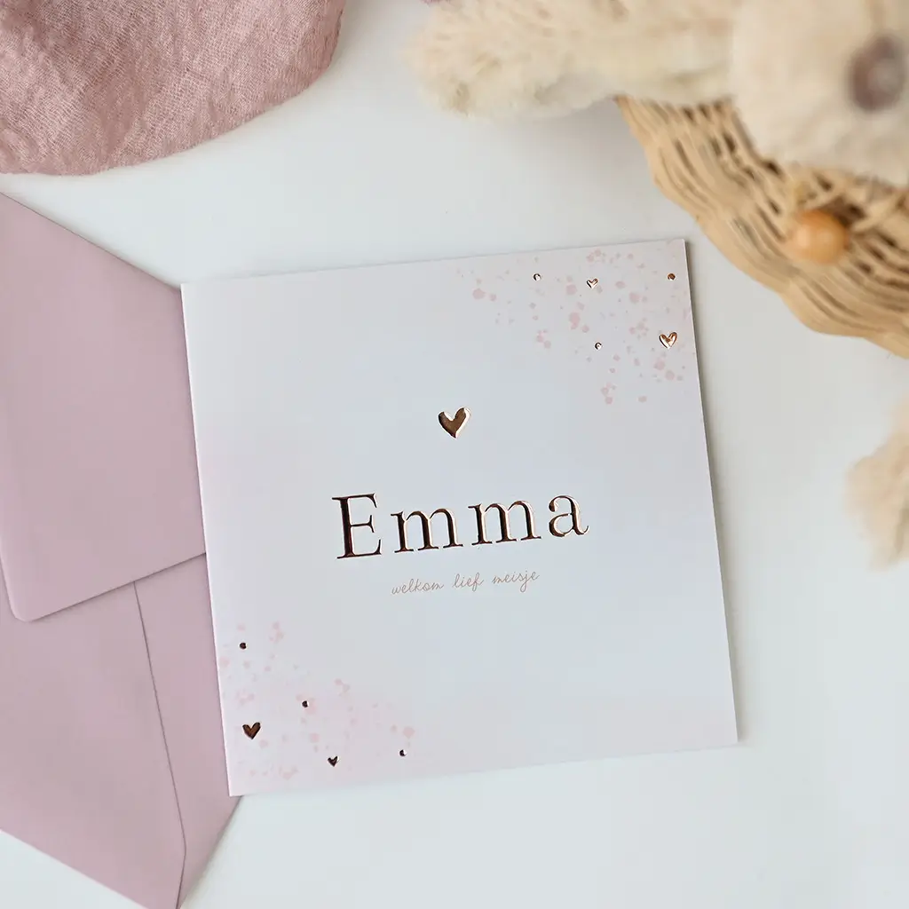 Roségoudfolie geboortekaartje watercolour hartje