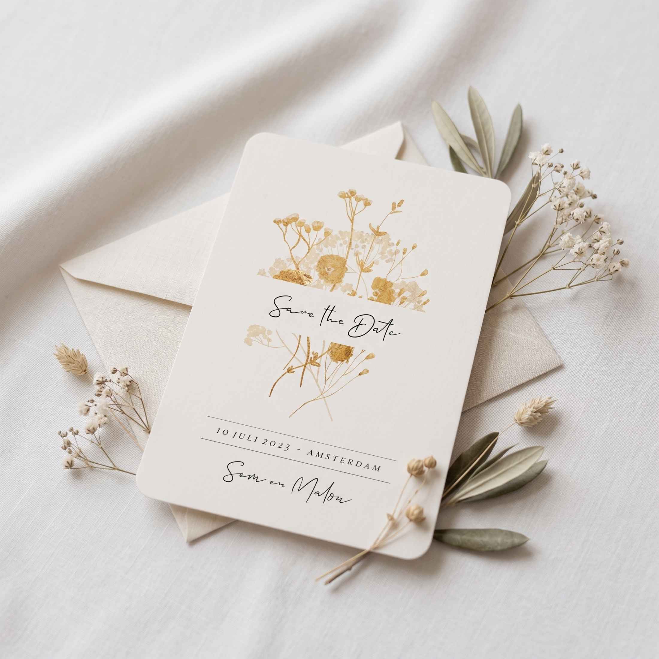 Save the Date geelgouden bloemen