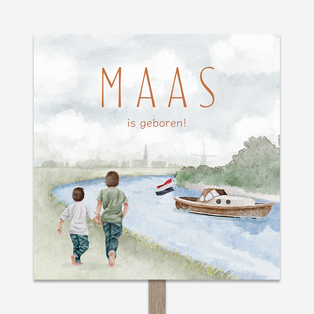 Tuinbord Kindjes Waterverf Rivier Bootje