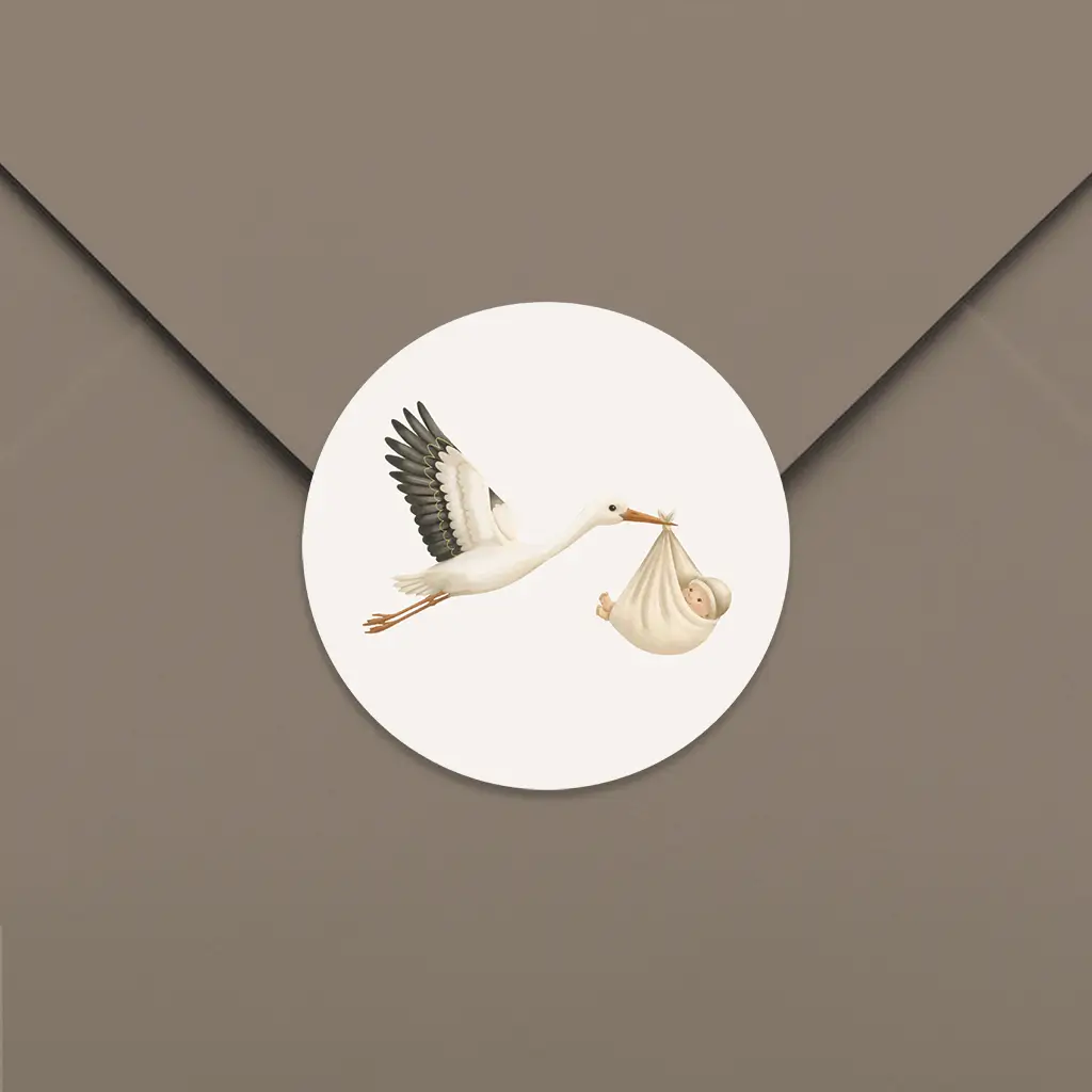 Sluitsticker met ooievaar en baby - per vel
