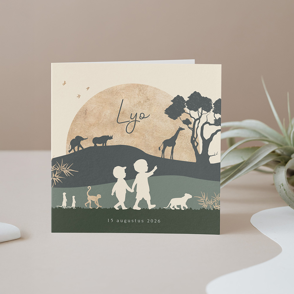 Silhouet geboortekaartje 2 broers op safari