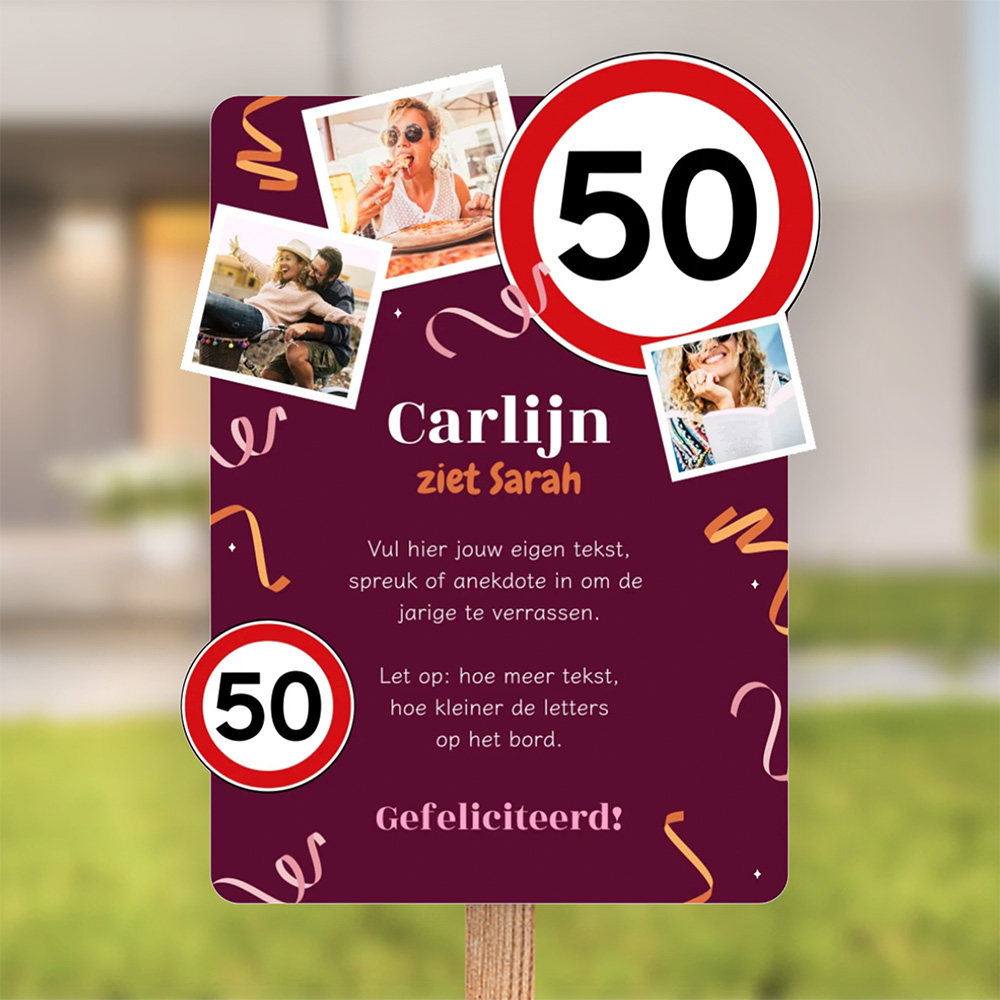 50 jaar bord Sarah met verkeersborden, foto's en slingers