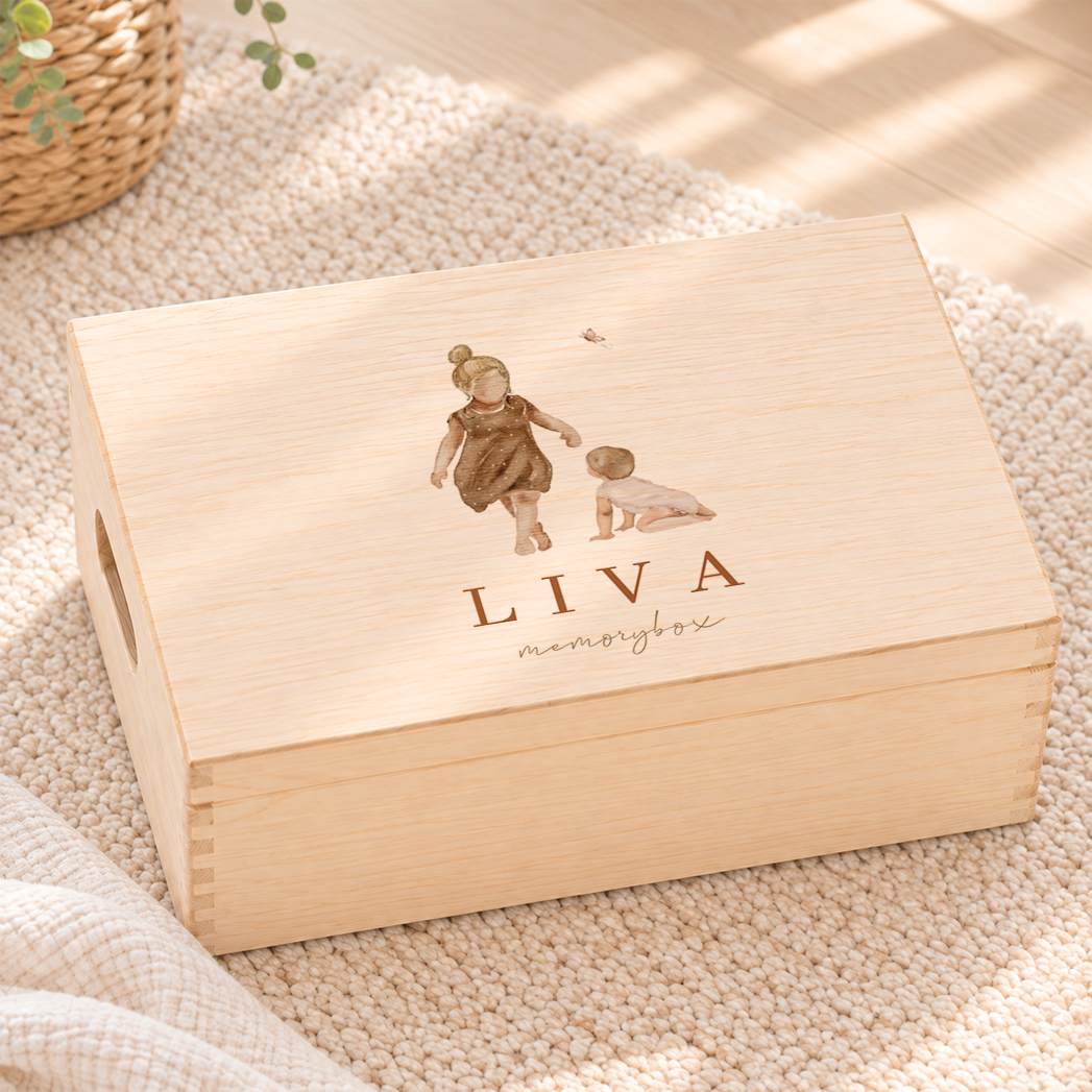 Memorybox voor een meisje met illustratie zus en zusje