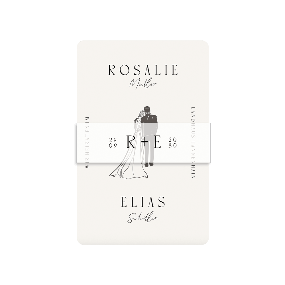Hochzeitskarte in Schwarz und Weiß mit Tuschezeichnung und optionaler Banderole
