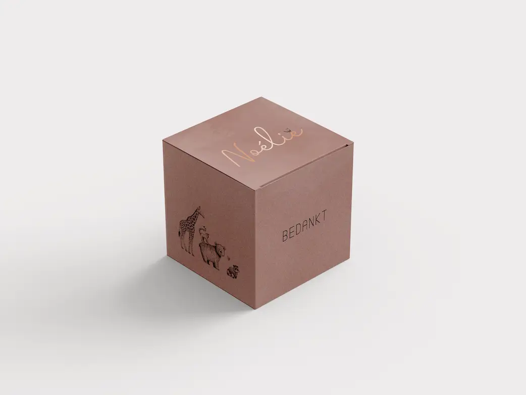 Doopsuikerdoosje met getekende dieren en roségoudfolie