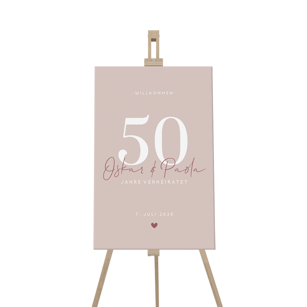 Schlichtes Willkommensschild zur Goldenen Hochzeit mit Herzen