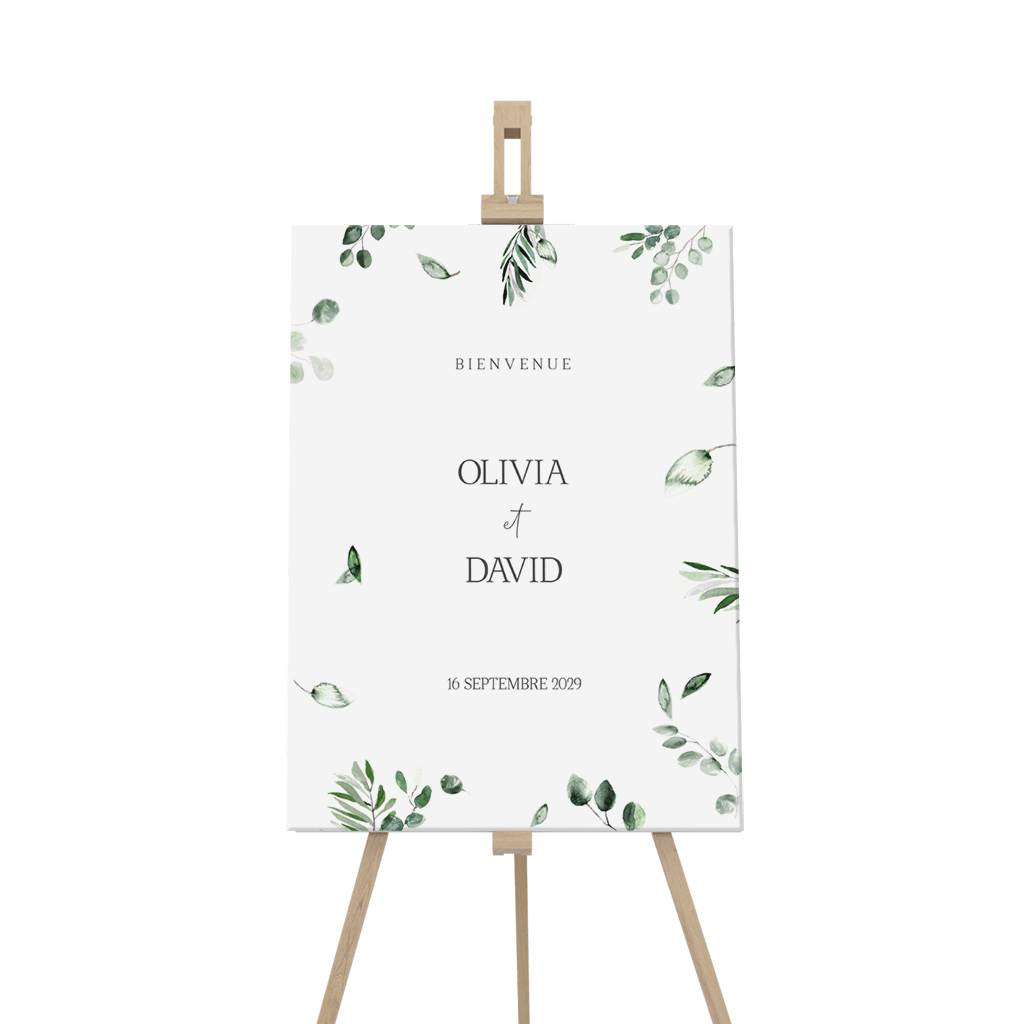Panneau de bienvenue avec des branches d'eucalyptus