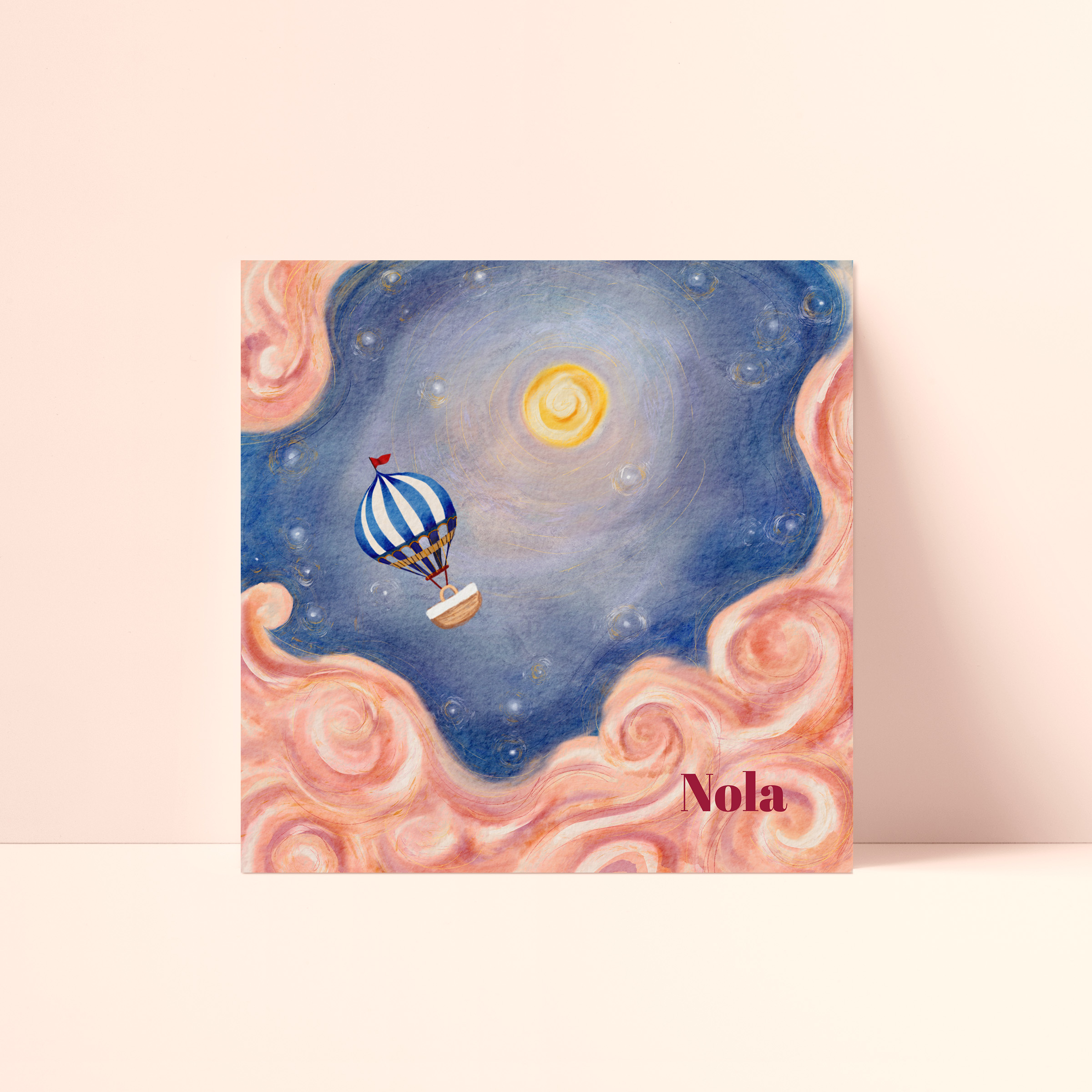 Geboortekaartje met luchtballon in de roze wolken