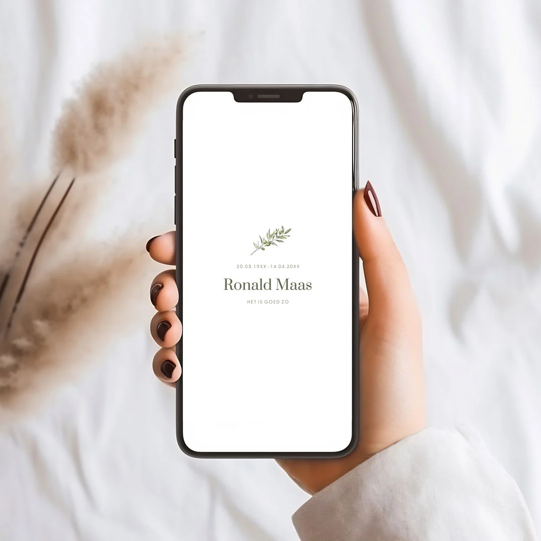 Minimalistische digitale rouwkaart, stijlvol delen via WhatsApp