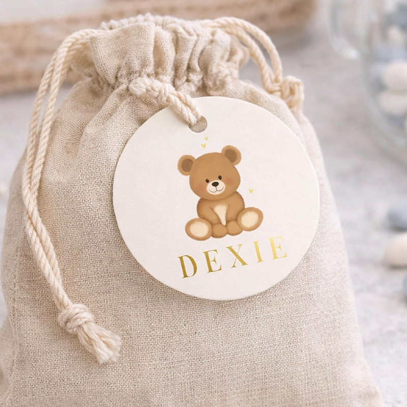 Ronde labeltjes met beertje Dexie in zachte beige tinten | 16 stuks