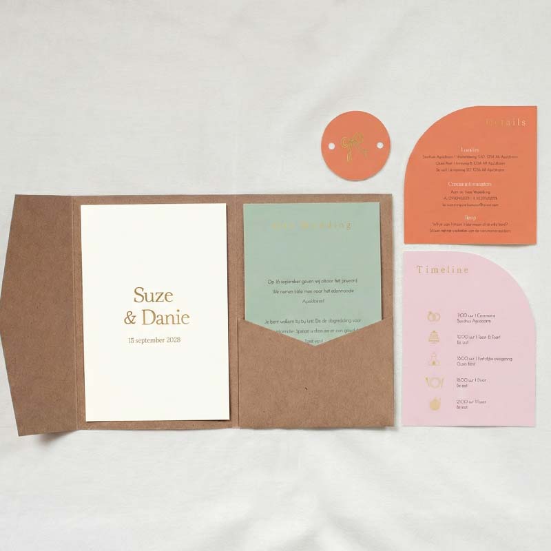 Pocketfold trouwkaart set summer chic kleuren