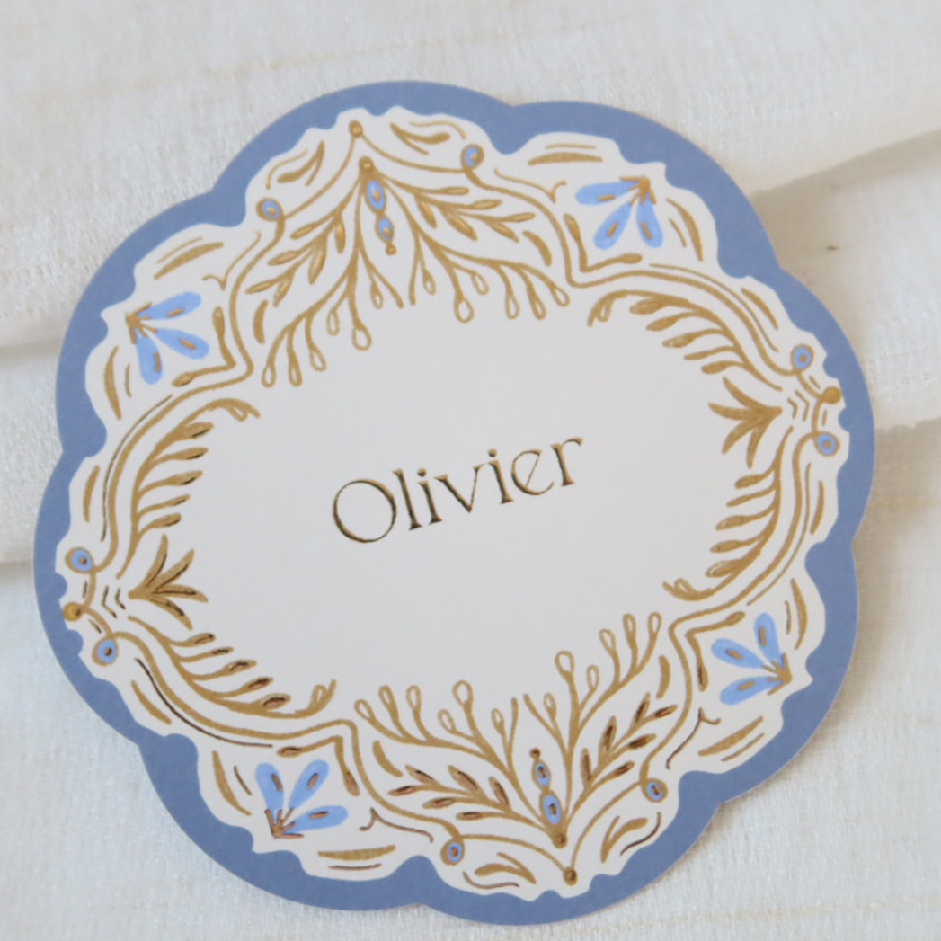 Vintage geboortekaartje ornament in blauw met goud