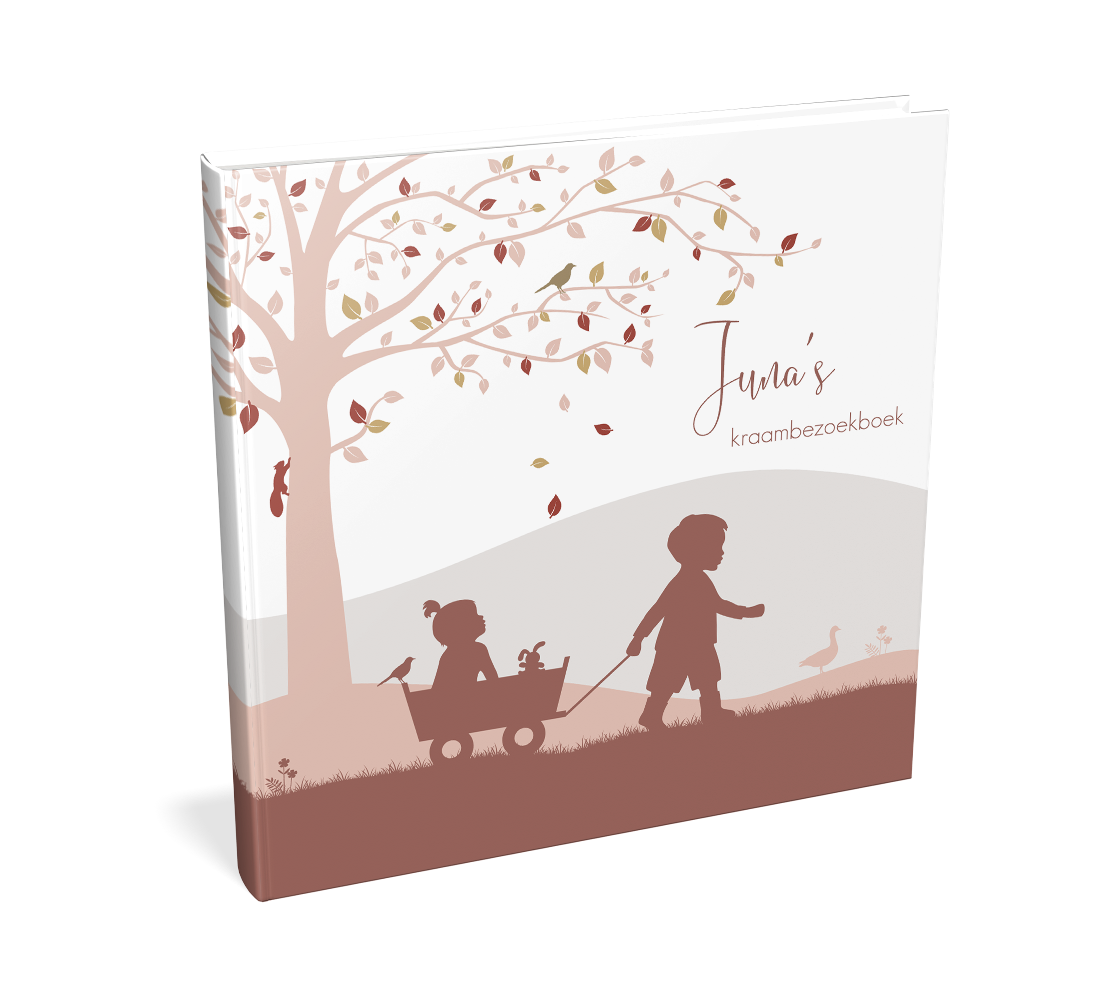 Kraambezoekboek met silhouetjes van broer met zusje in herfstlandschap